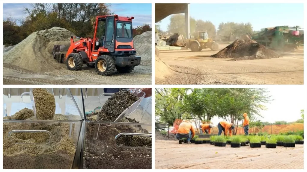 Collage of machinery moving glass based soil, soil in containers and workers planting using glass based soil