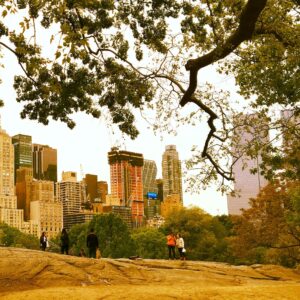 dirt mound in front of city skyline