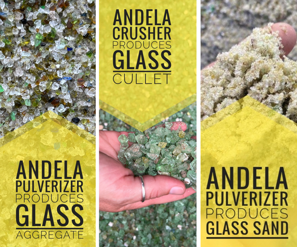 Different outputs from glass crushers and pulverizers