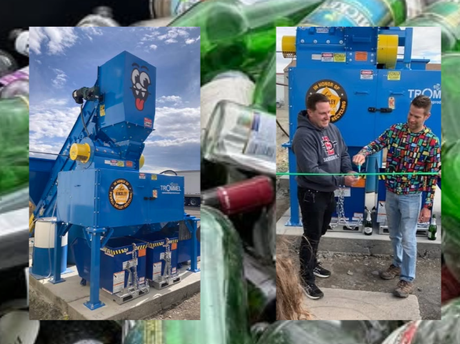 Andela GP Mega Mini glass pulverizer at Powell Valley Recycling in Powell, Wyoming, alongside a ribbon-cutting photo.